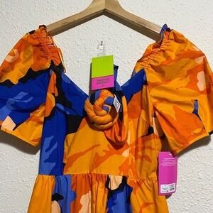 Tabitha Brown Target 4 orange blue Floral‎ Puff Sleeve Maxi Dress & headband NWT